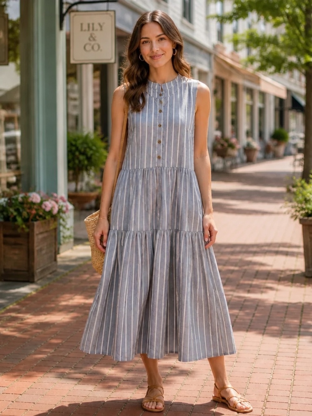 Ciao Lucia XS Blue White Striped Cotton Tiered Midi Dress Made in Los Angeles